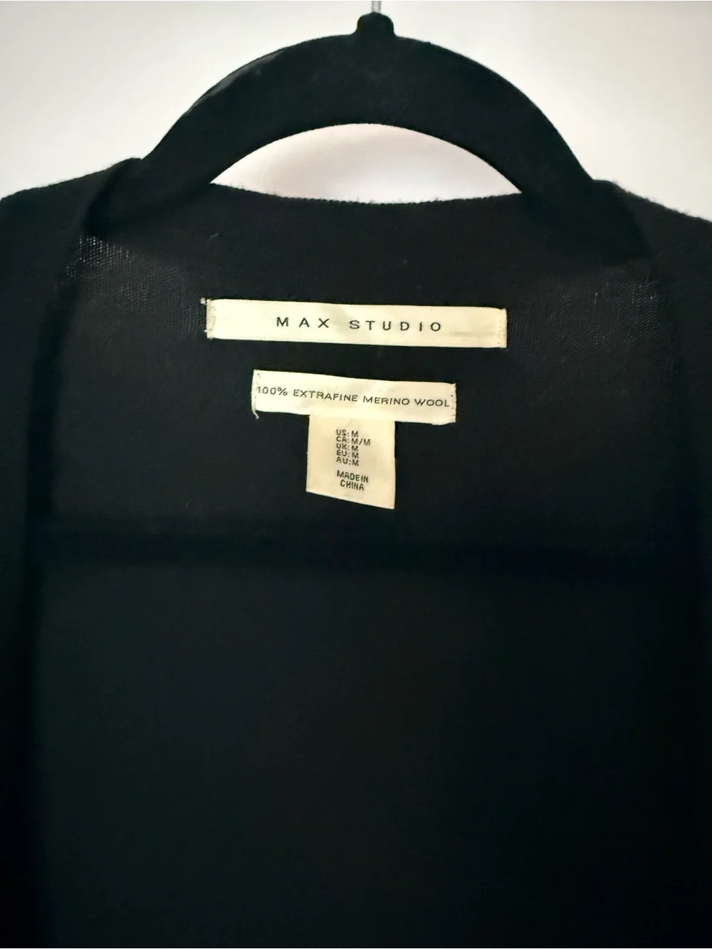 Max Studio Black Cardigan 100% Extrafine Merino Wool Open Front Pockets Size M